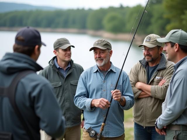 The Fishing Experts team discussing fishing techniques by a lake in Fukuoka.