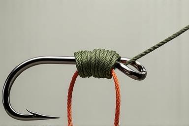 Close-up of a perfectly tied Palomar fishing knot on a hook.
