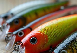 Close-up of various advanced fishing lures and tackle