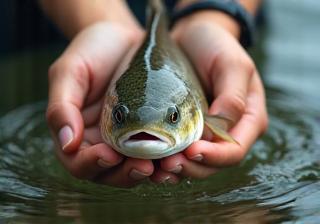 Hands carefully releasing a fish back into the water, symbolizing conservation